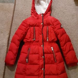 DKNY red zip up winter jacket with white inside hood